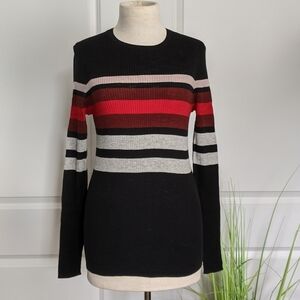 360 Sweater Knit Crew Neck Long Sleeve Striped Fitted Black Red White M NWT
